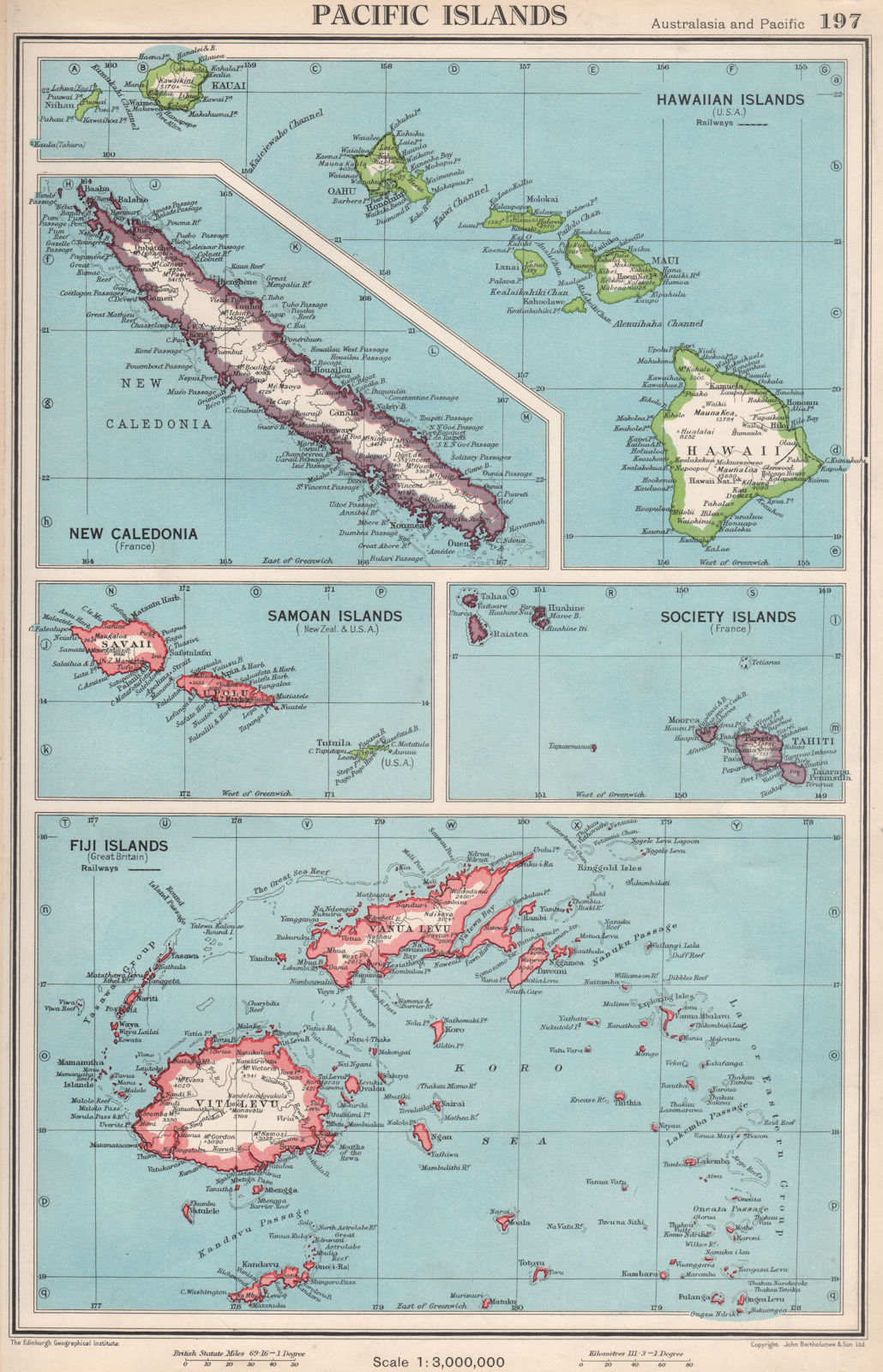 Associate Product PACIFIC ISLANDS. Hawaii Samoa Fiji New Caledonia Society Islands 1952 old map