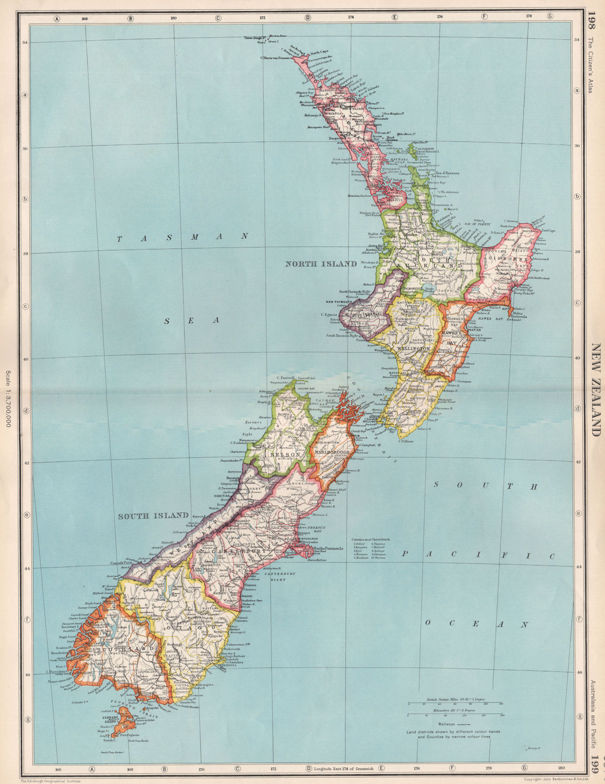 NEW ZEALAND. Showing provinces. BARTHOLOMEW 1952 old vintage map plan chart
