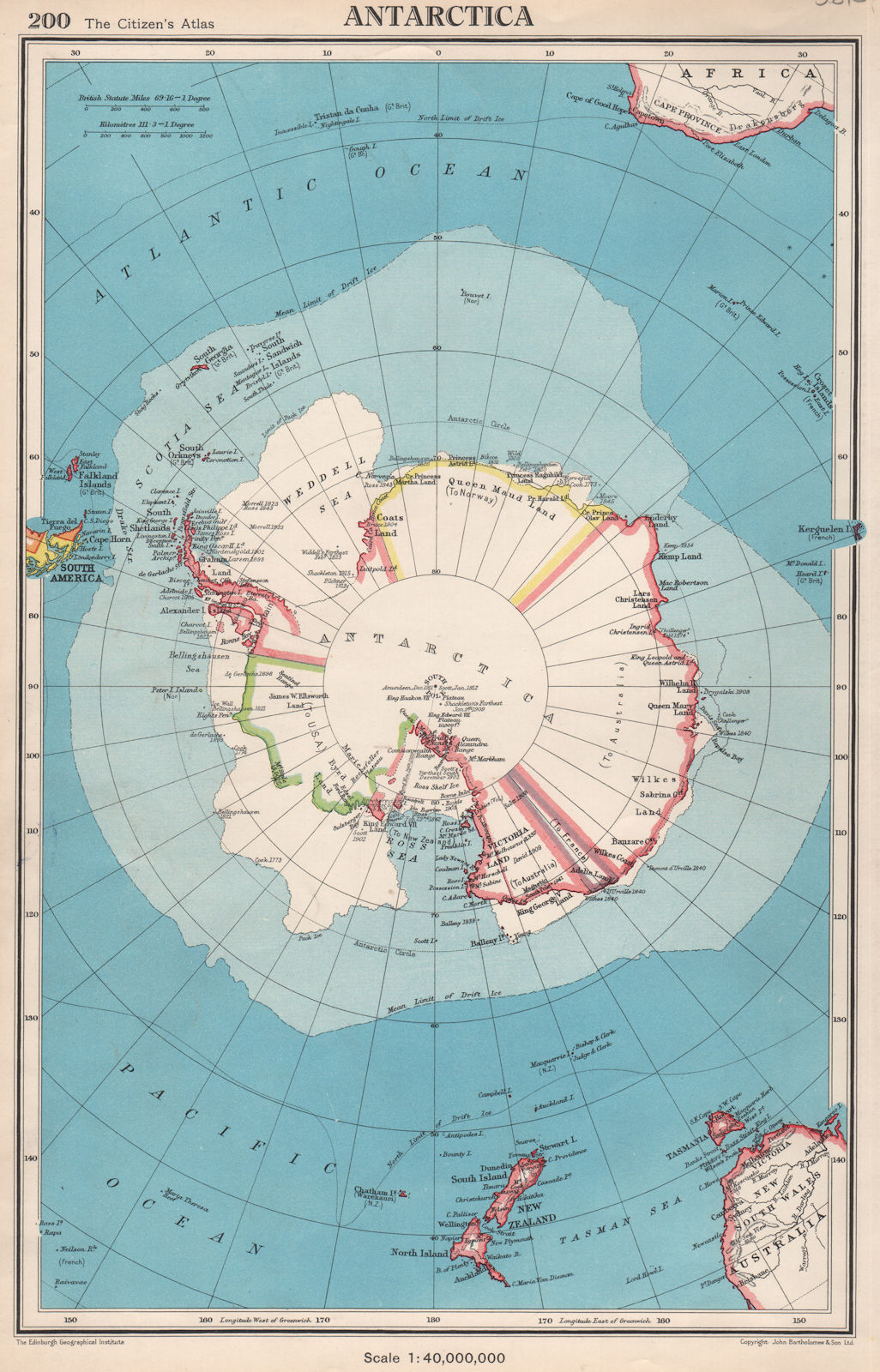 ANTARCTICA.showing claims.Marie Byrd Land Queen Maud Land.BARTHOLOMEW 1952 map
