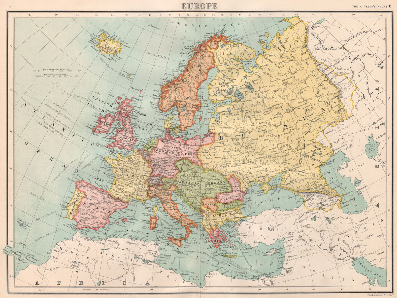 EUROPE POLITICAL. Austria-Hungary Ottoman/German Empire &c. BARTHOLOMEW 1898 map