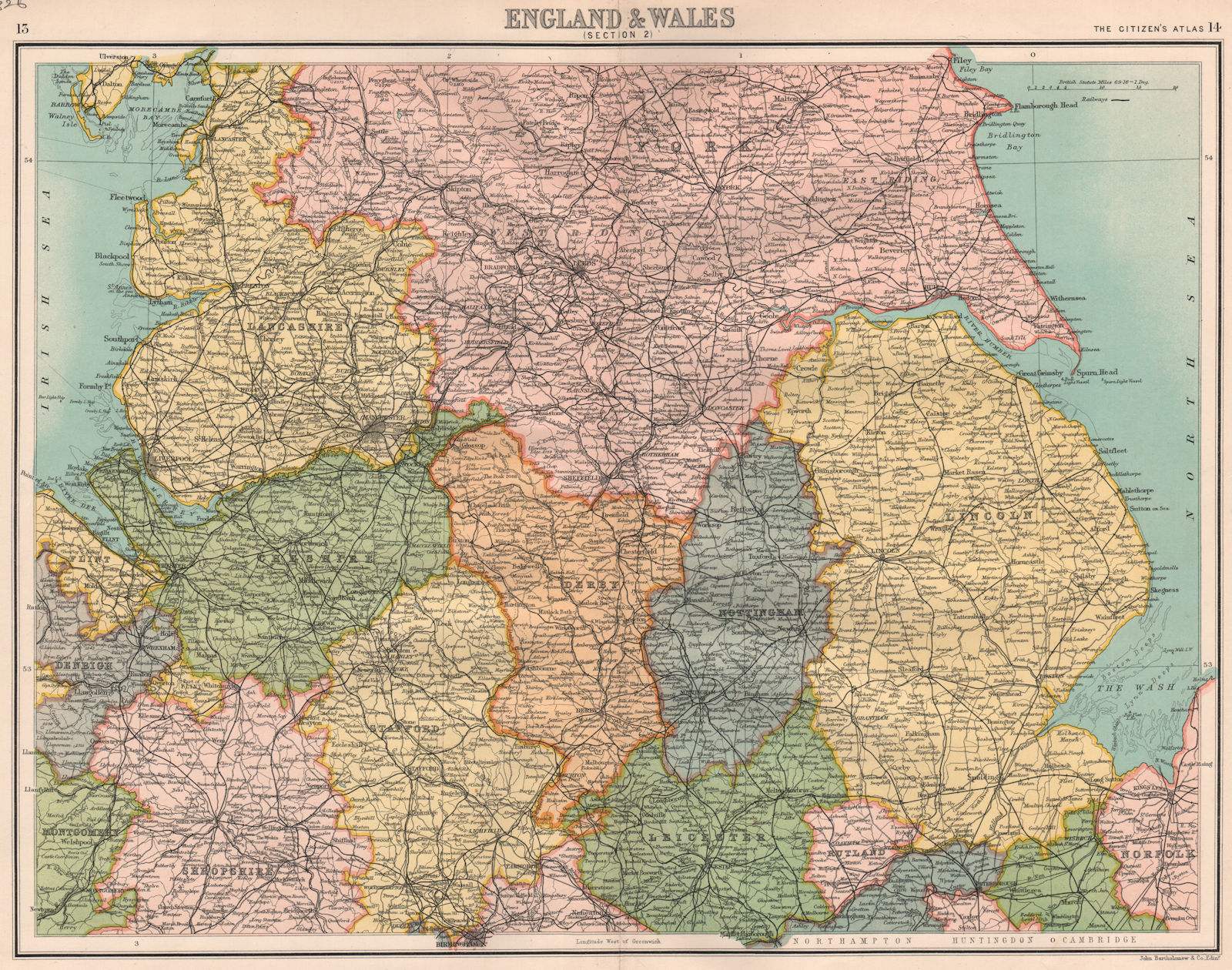 ENGLAND NORTH & MIDLANDS.Lincs Lancs Yorks Notts Derbys Staffs Cheshire 1898 map