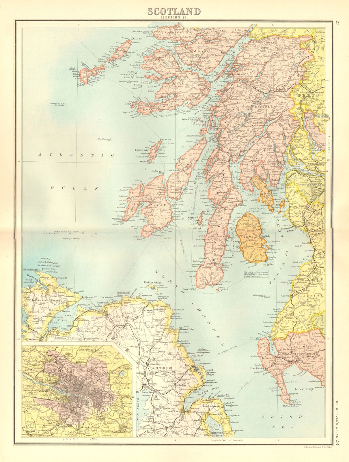 ARGYLL & ANTRIM. Scotland SW. Islay Jura Arran Bute Kintyre. Glasgow 1898 map