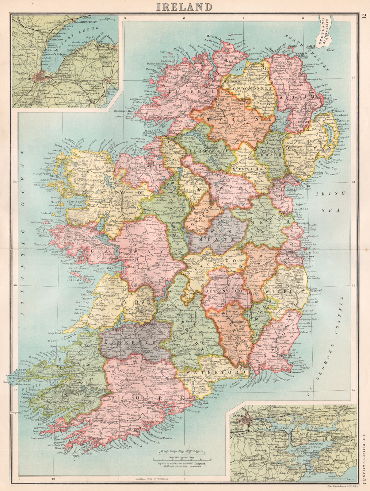 Associate Product IRELAND. showing counties. Inset Belfast & Cork. BARTHOLOMEW 1898 old map