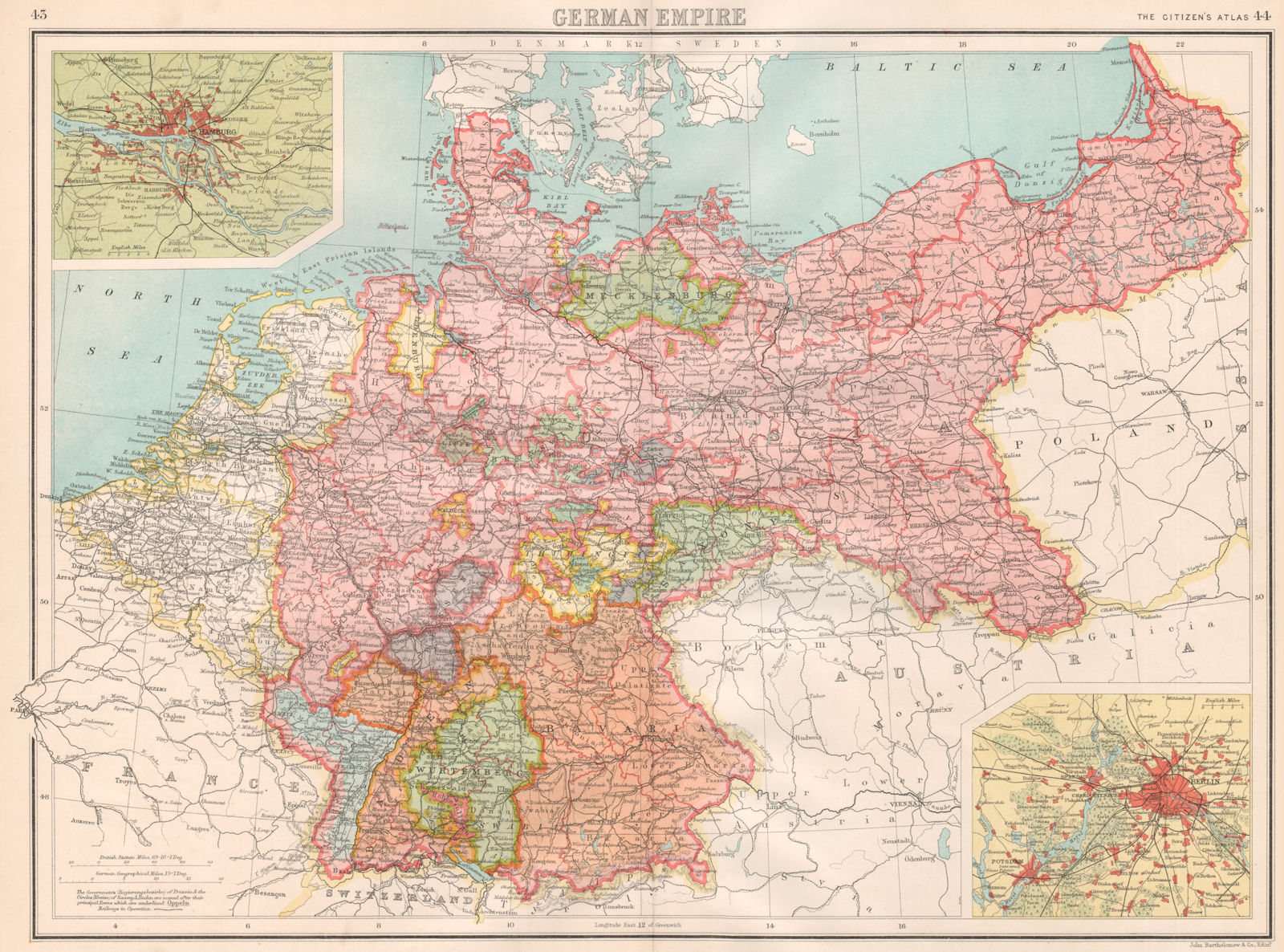 GERMANY. German Empire; inset Hamburg; Berlin. BARTHOLOMEW 1898 old map