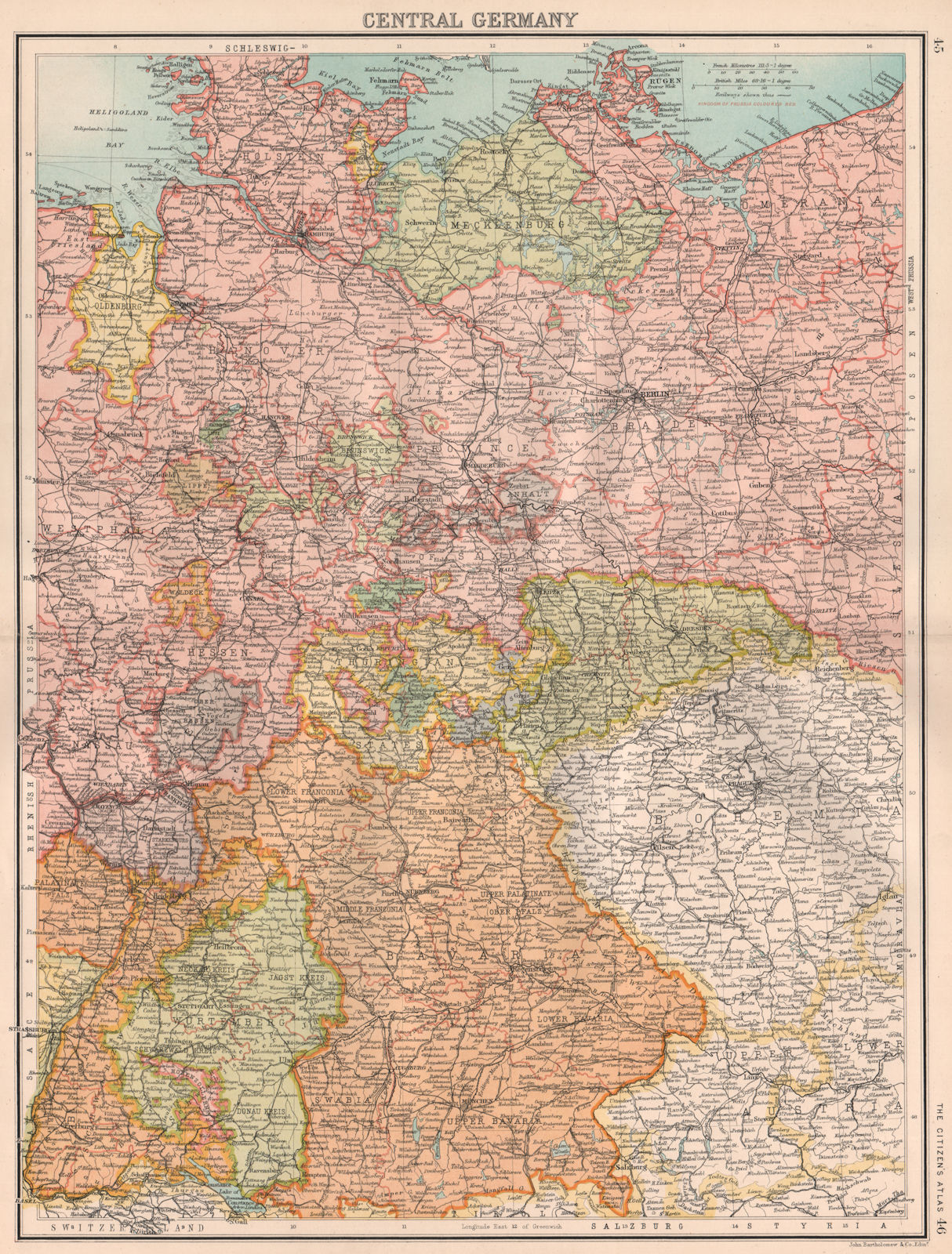 Associate Product GERMANY. Central Germany showing states. BARTHOLOMEW 1898 old antique map
