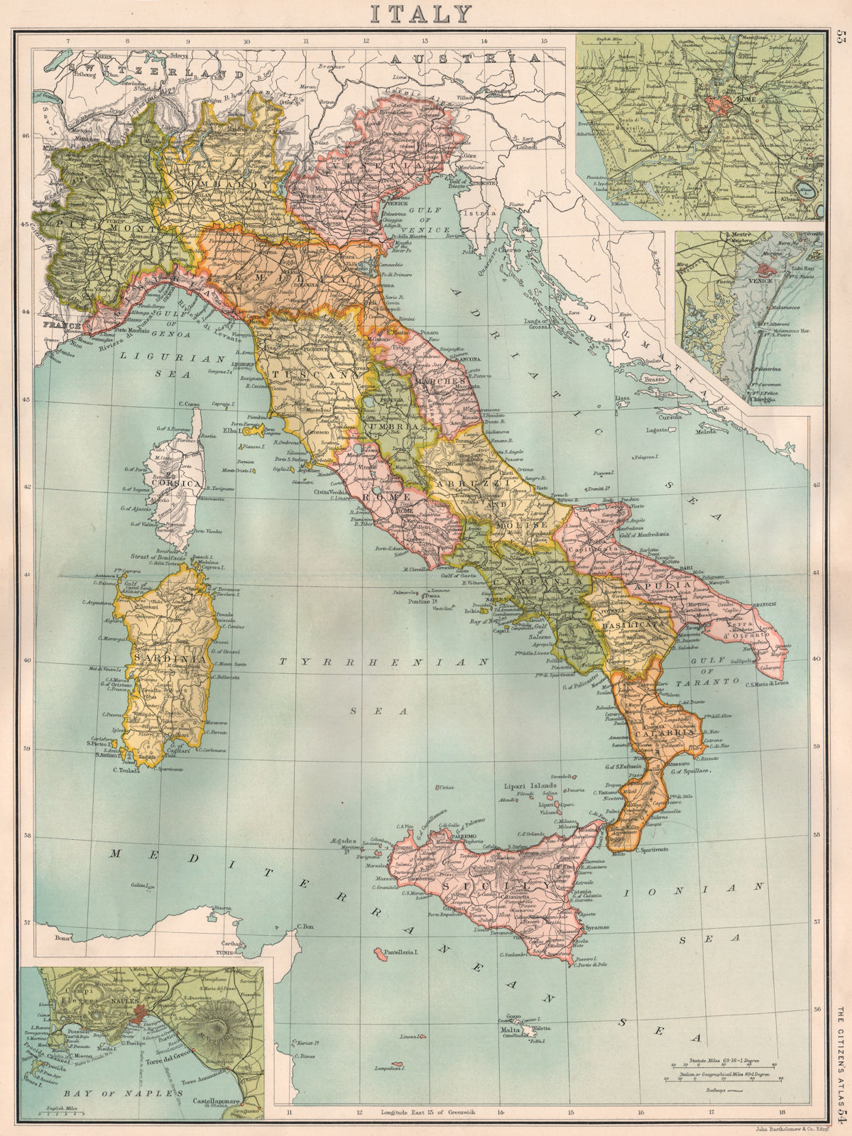ITALY. before incorporation of South Tyrol & Trieste. BARTHOLOMEW 1898 old map