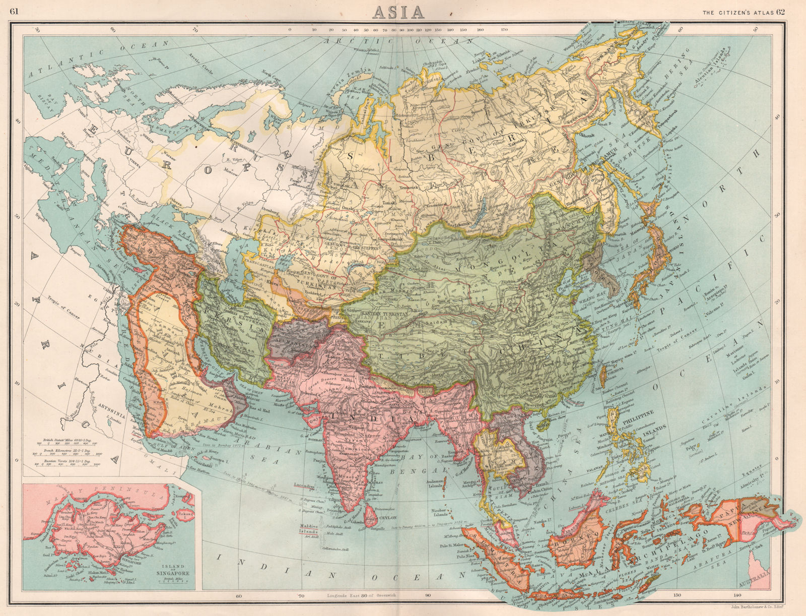 ASIA. large inset map of Singapore island. Ottoman Empire. BARTHOLOMEW 1898