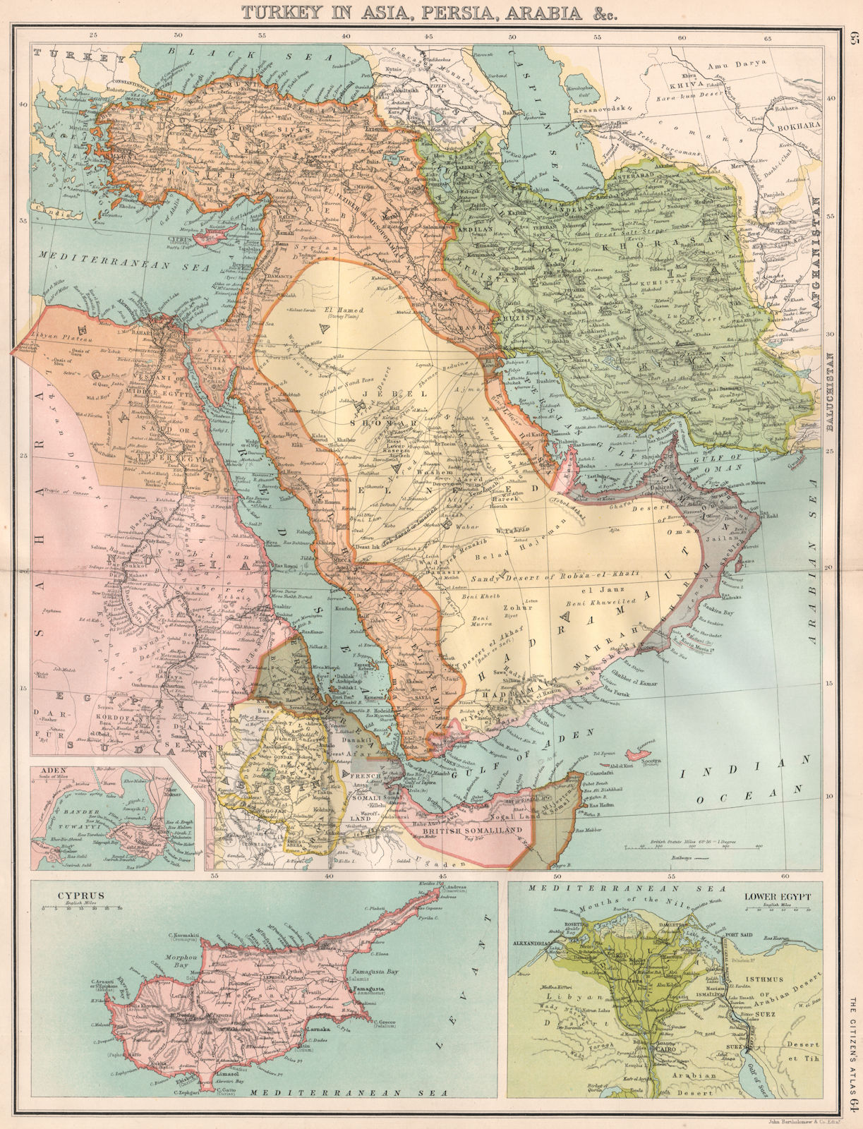 Associate Product MIDDLE EAST.Turkey in Asia Persia(Iran)Arabia Cyprus Nile.BARTHOLOMEW 1898 map