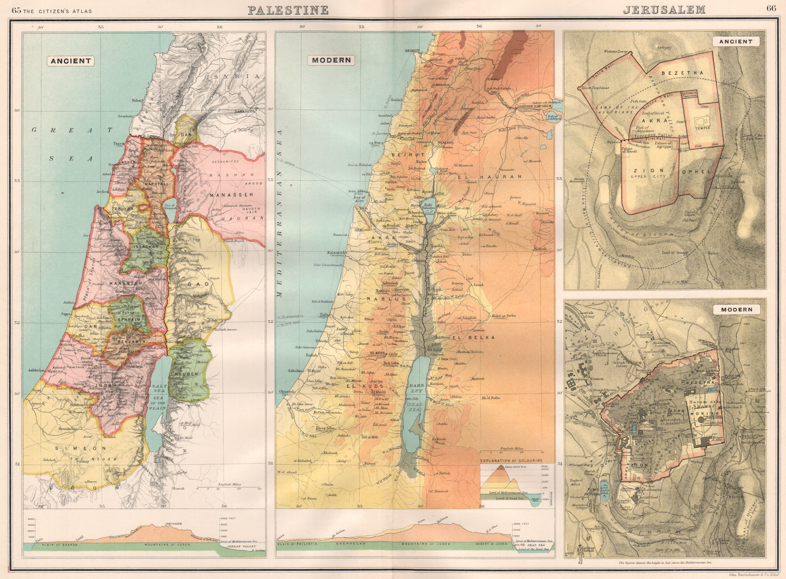 12 TRIBES OF ISRAEL. Palestine/Jerusalem Ancient & Modern. BARTHOLOMEW 1898 map