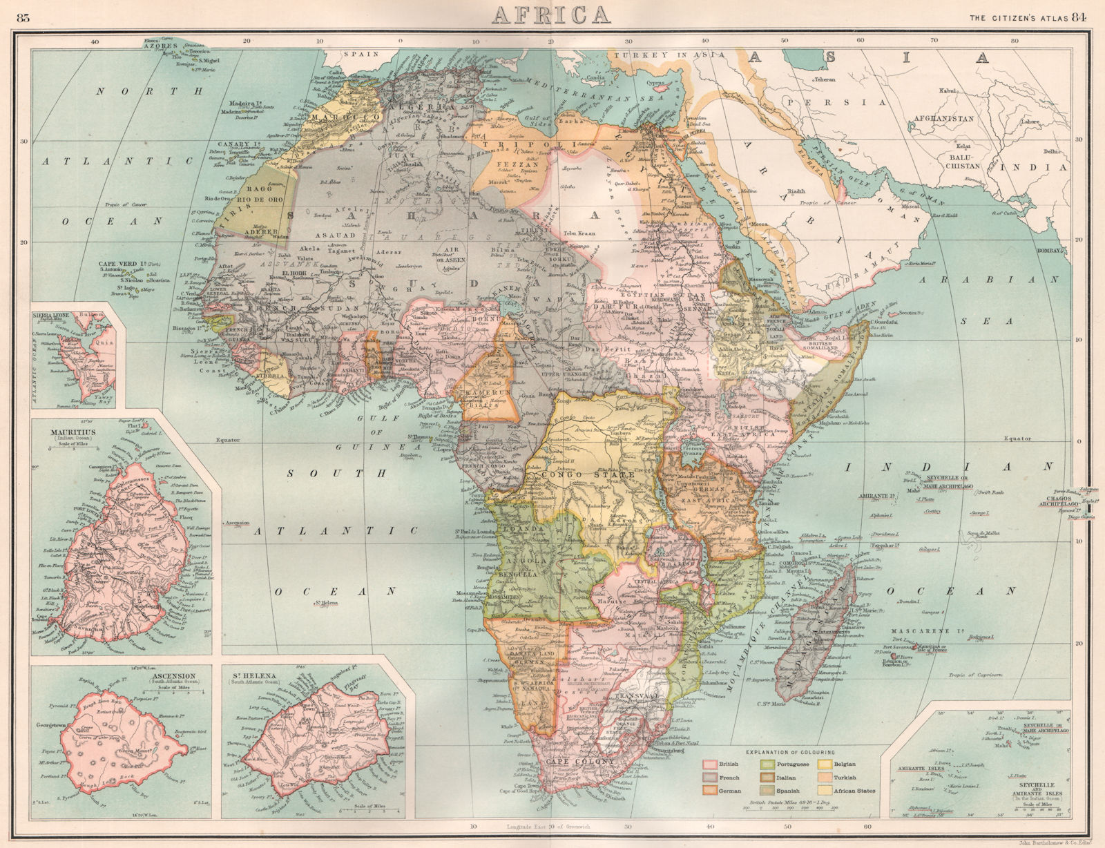 COLONIAL AFRICA. British French German Portuguese Italian Spain Belgian 1898 map