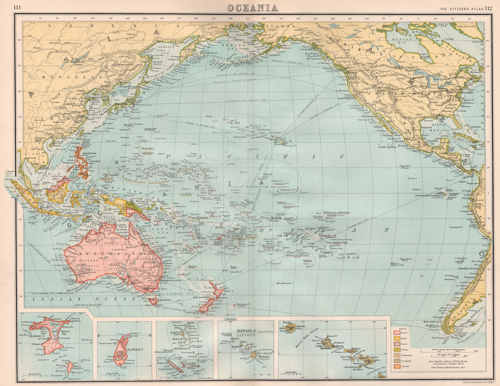 PACIFIC OCEAN COLONIAL. British Dutch French German Portuguese Spanish 1898 map