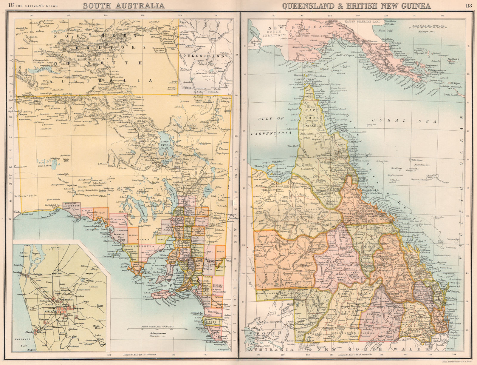 SOUTH AUSTRALIA & QUEENSLAND. British New Guinea; Adelaide. BARTHOLOMEW 1898 map
