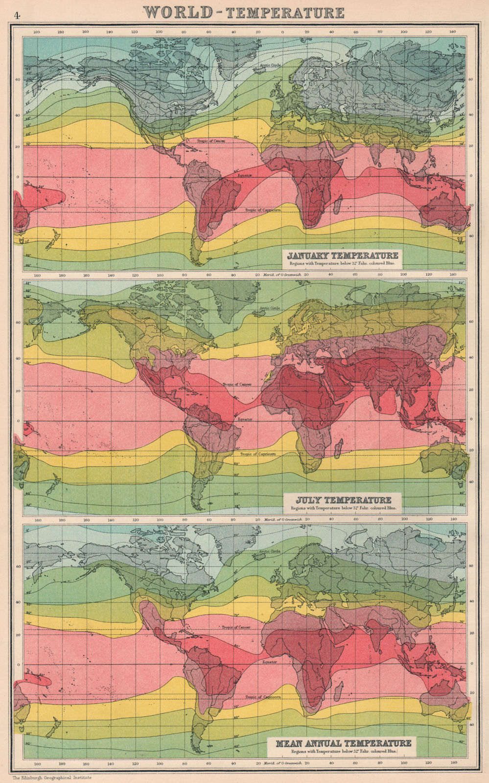 WORLD-TEMPERATURE. January July & Mean Annual. BARTHOLOMEW 1924 old map