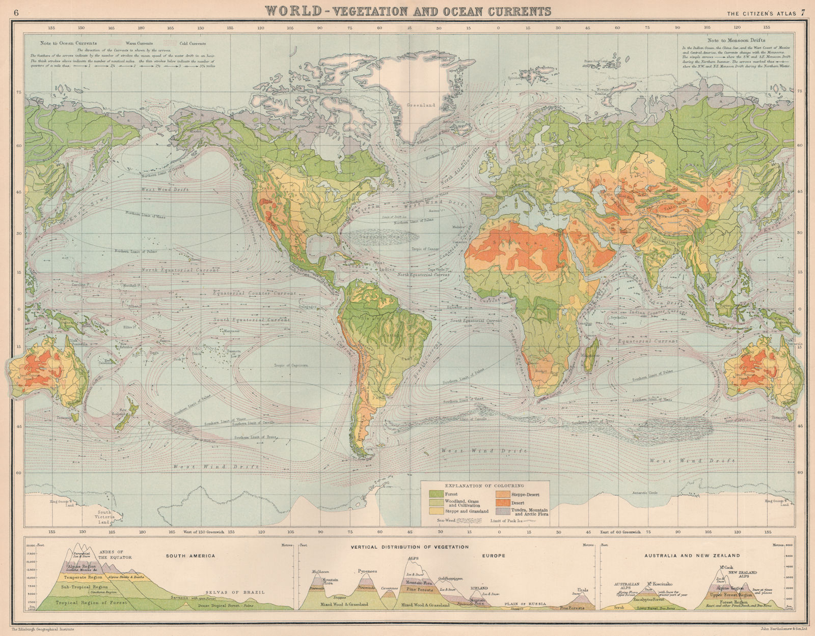 WORLD-VEGETATION AND OCEAN CURRENTS.Vertical Distribution of Vegetation 1924 map