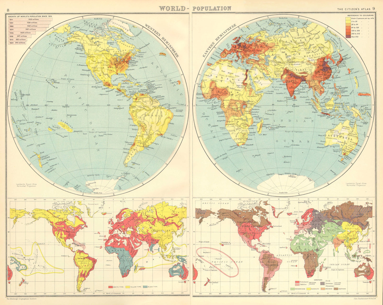 WORLD-POPULATION. Races & Religions. BARTHOLOMEW 1924 old vintage map chart