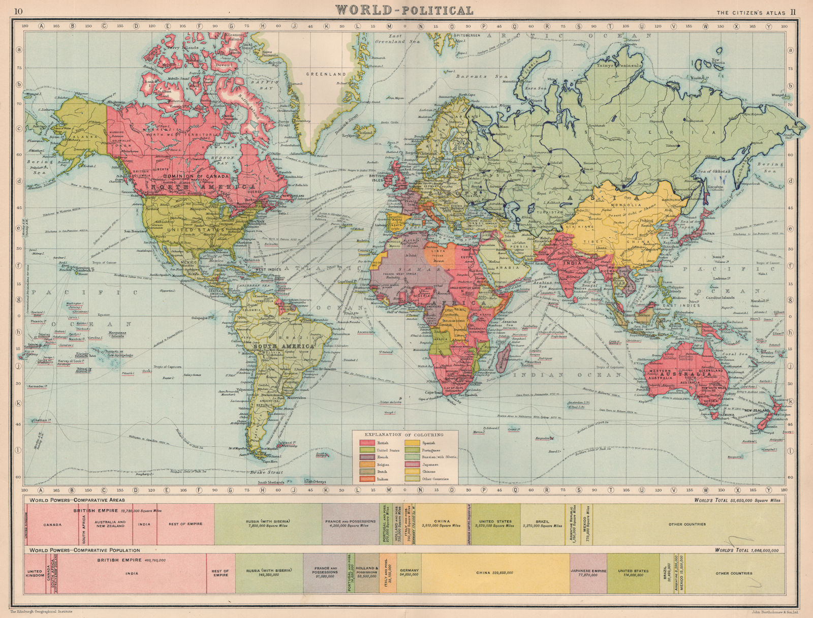 WORLD-POLITICAL.Population & areas of great powers compared.BARTHOLOMEW 1924 map