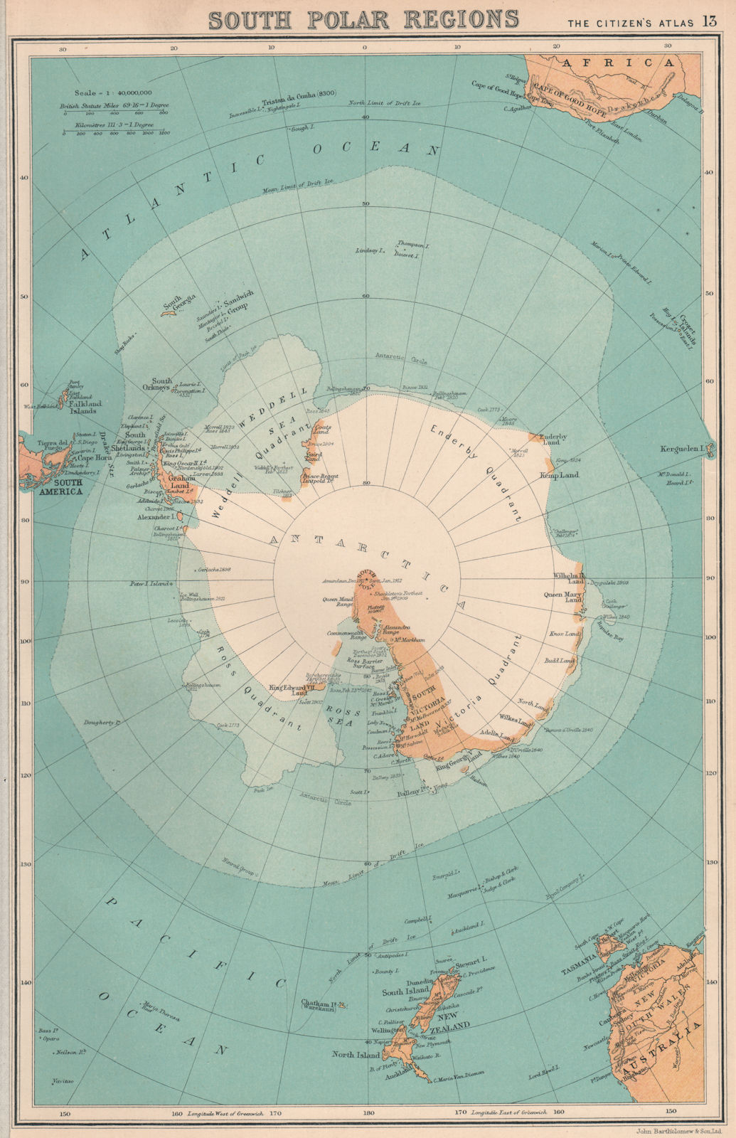 ANTARCTIC. South Pole. Weddell Enderby Ross Victoria Quadrants 1924 old map