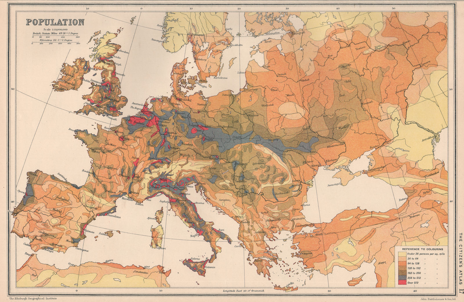 EUROPE. Population density. BARTHOLOMEW 1924 old vintage map plan chart