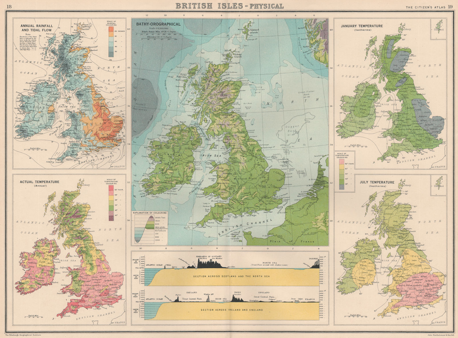 BRITISH ISLES PHYSICAL CLIMATE.Sections.Scotland/Norway,Ireland/England 1924 map