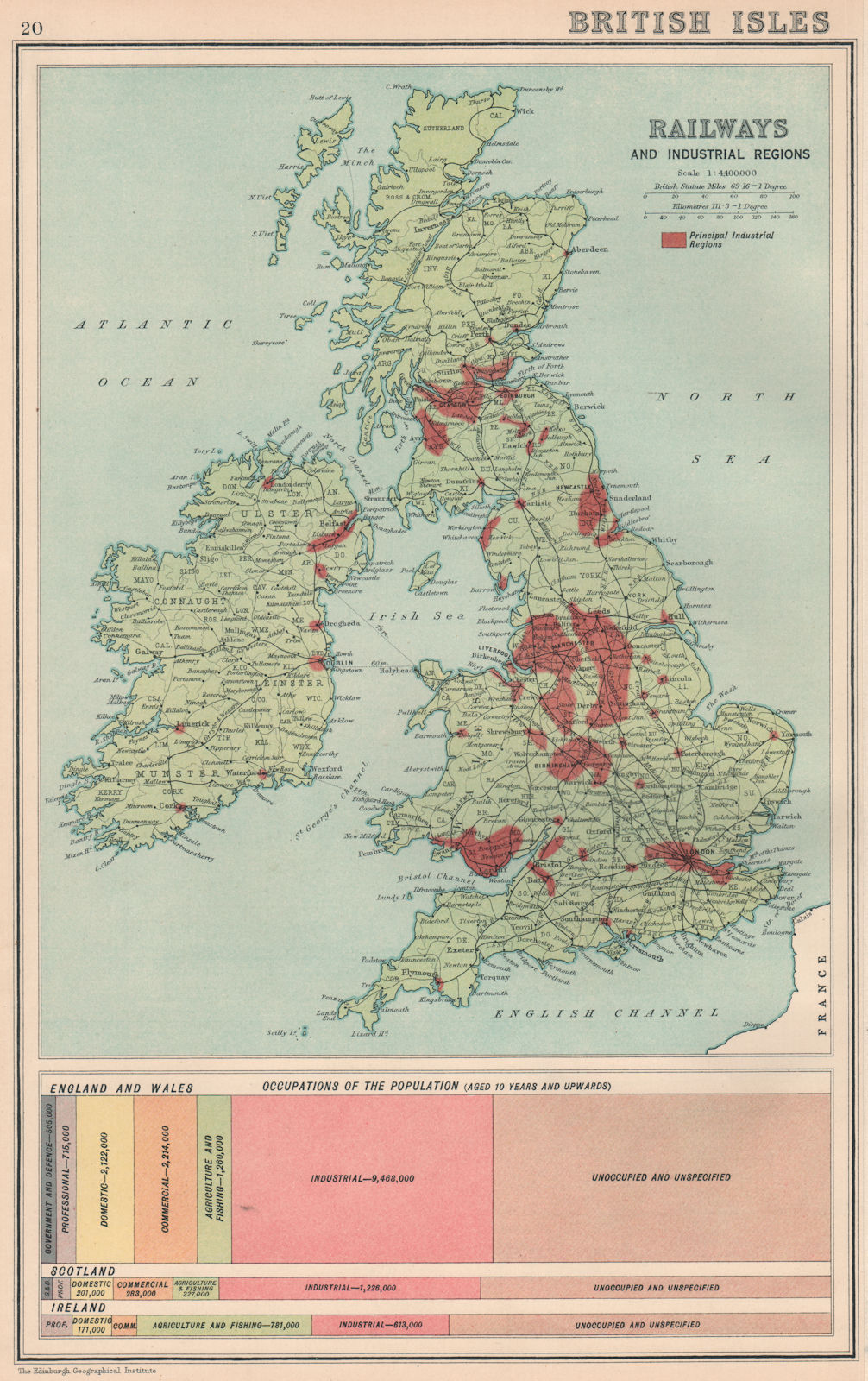 BRITISH ISLES.Railways and Industrial Regions.Occupations.BARTHOLOMEW 1924 map
