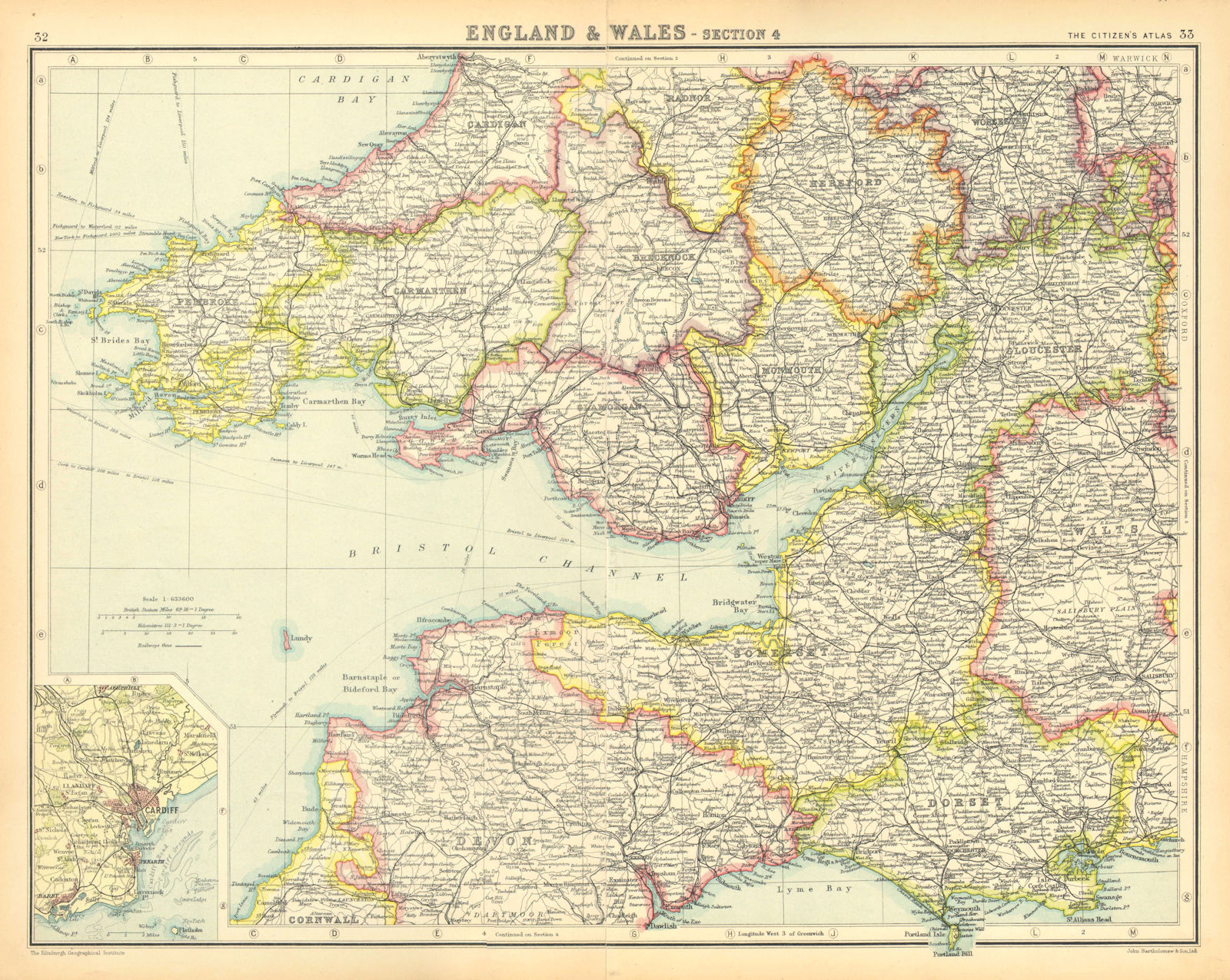 SOUTH WALES & SOUTH WEST ENGLAND.Bristol Channel Severn Estuary.Cardiff 1924 map