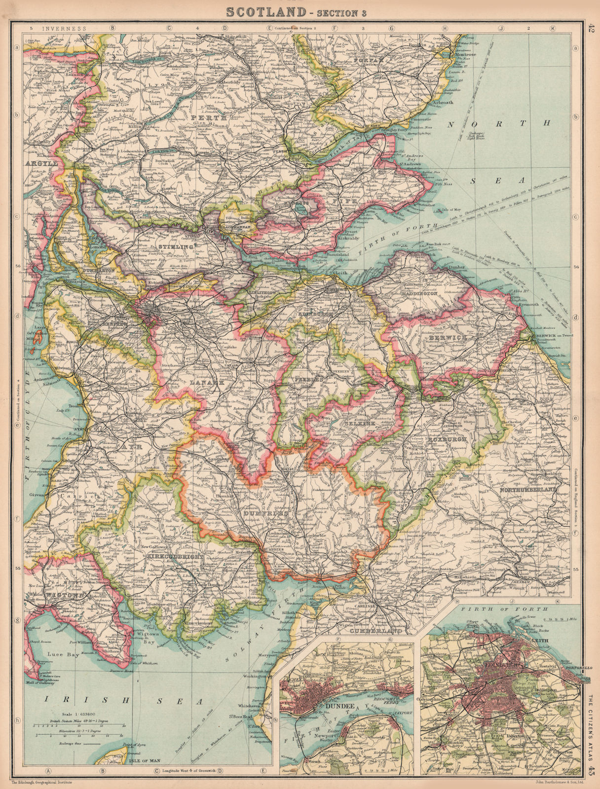 SCOTLAND SOUTH & CENTRAL. Inset Edinburgh & Dundee. BARTHOLOMEW 1924 old map
