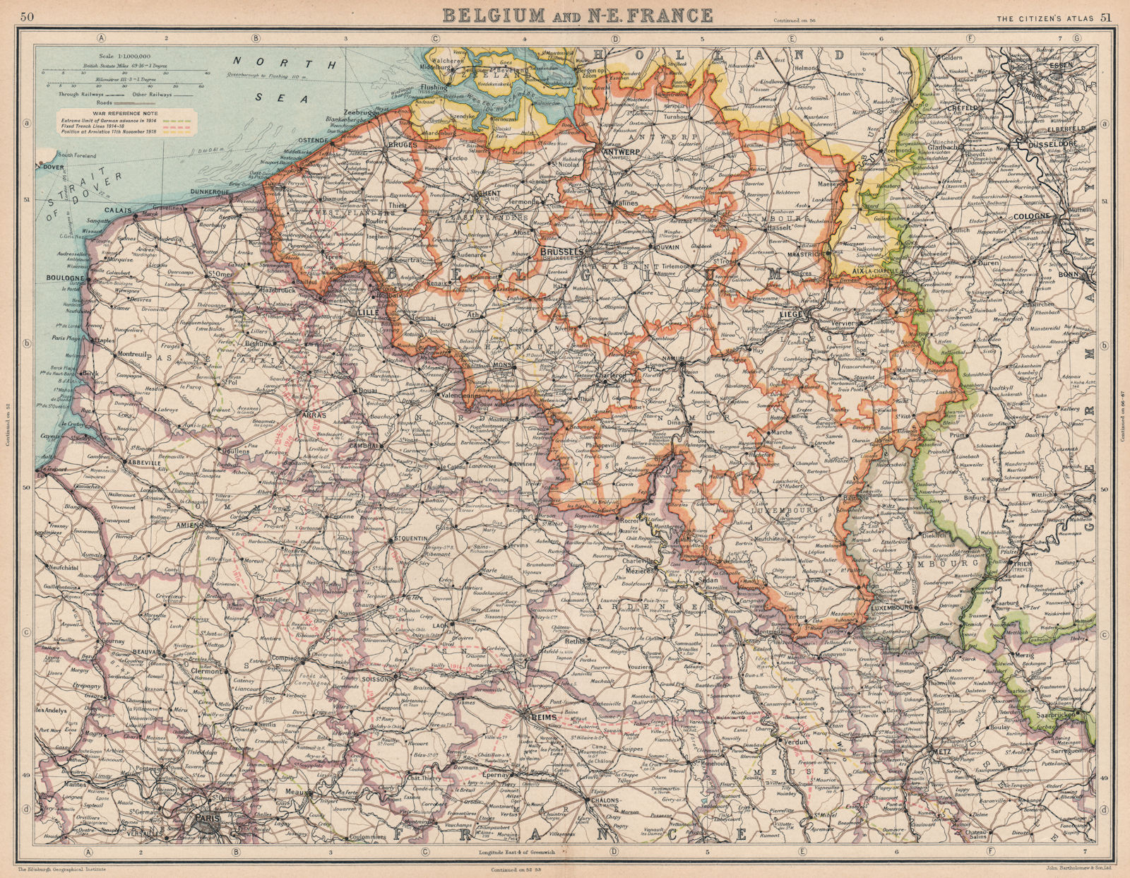 BELGIUM & NORTH EAST FRANCE. Nord Pas-de-Calais. Picardy. BARTHOLOMEW 1924 map