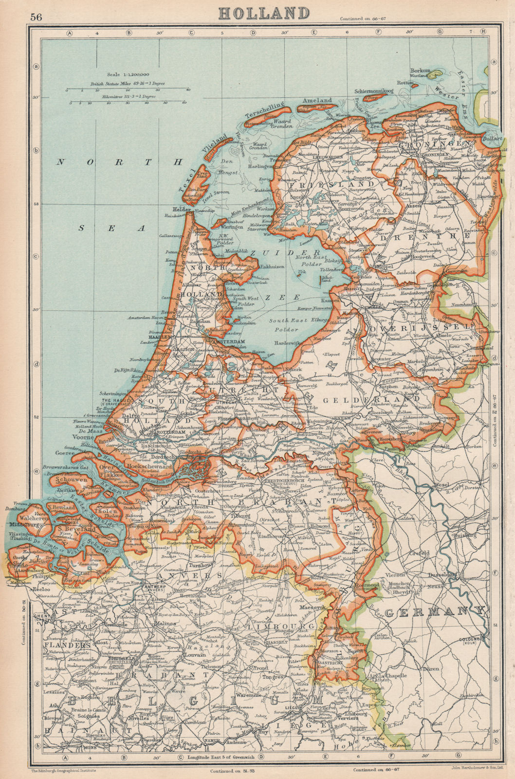 NETHERLANDS. Holland. General map. BARTHOLOMEW 1924 old vintage plan chart