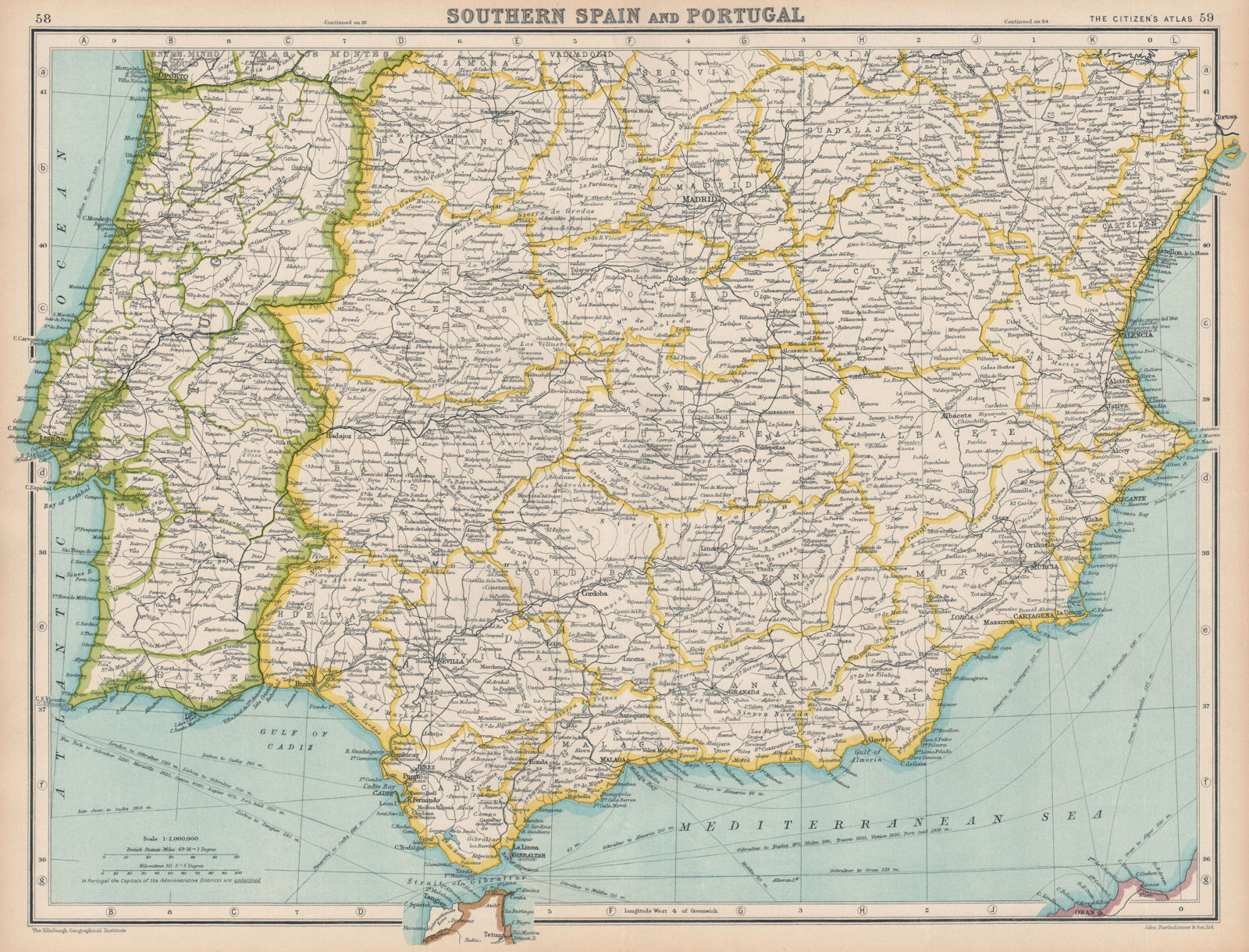 IBERIA. Southern Spain and Portugal. BARTHOLOMEW 1924 old vintage map chart