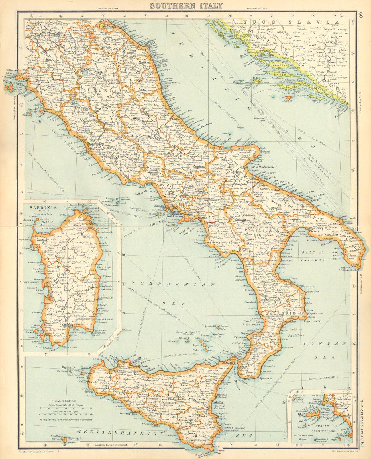 SOUTHERN ITALY. Shows Lagosta island (Lastovo) as Italian. BARTHOLOMEW 1924 map