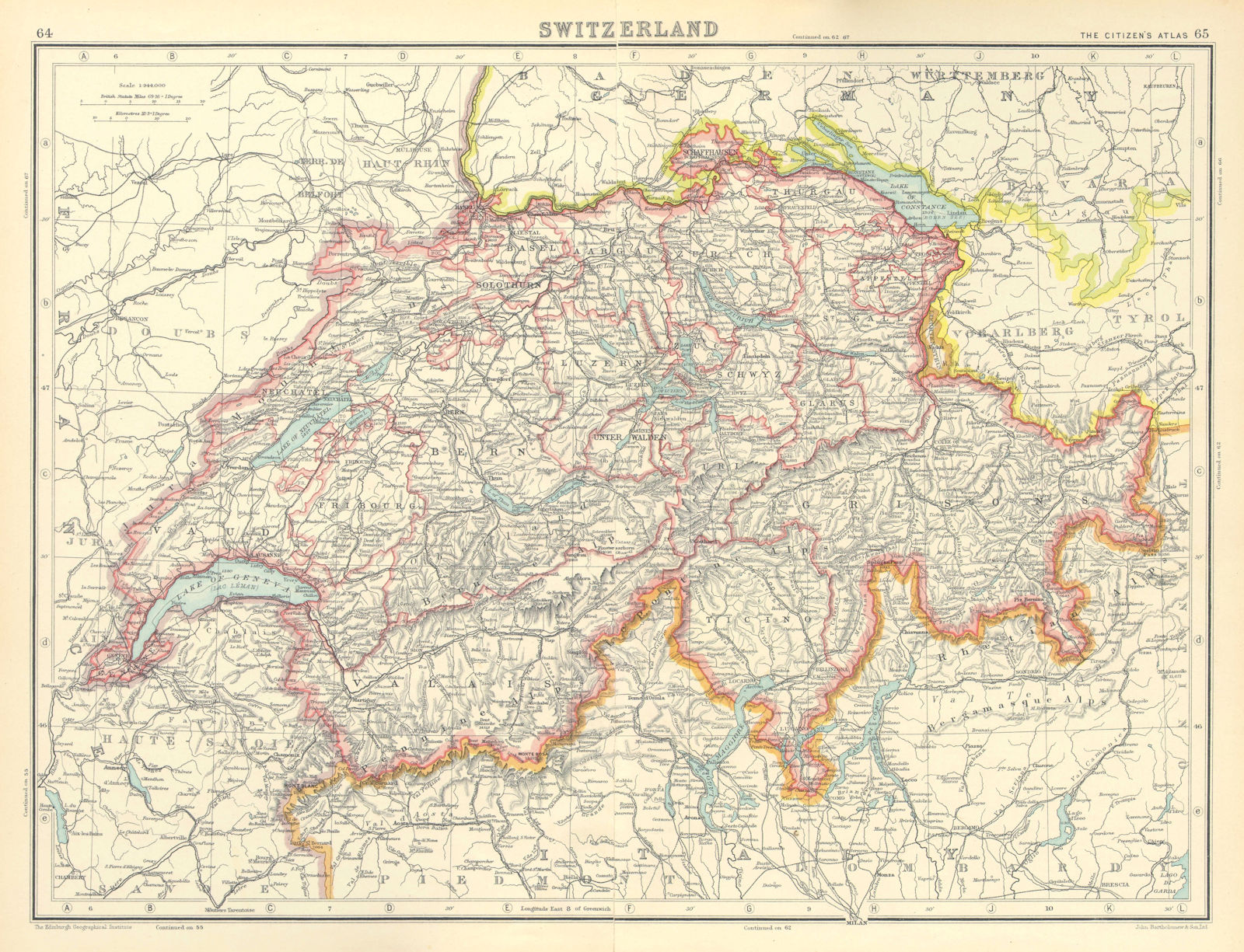 SWITZERLAND. Shows Cantons, railways. BARTHOLOMEW 1924 old vintage map chart