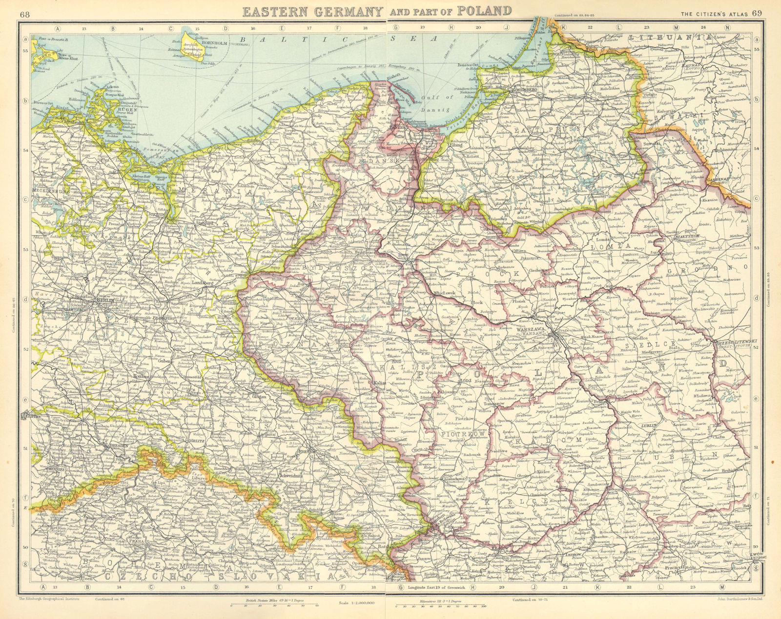 EASTERN GERMANY/POLAND.Shows the Free City of Danzig(Gdansk).E Prussia 1924 map