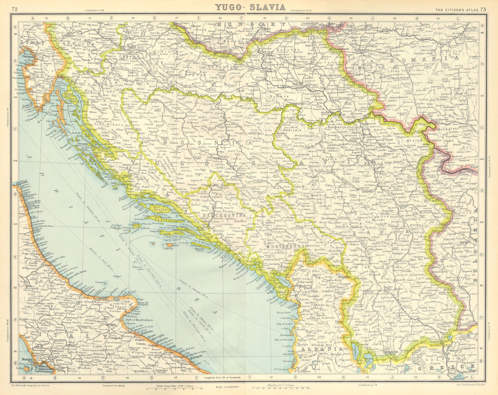 YUGOSLAVIA.Shows Italian Istria & Zara/Zadar;Free State of Fiume/Rijeka 1924 map