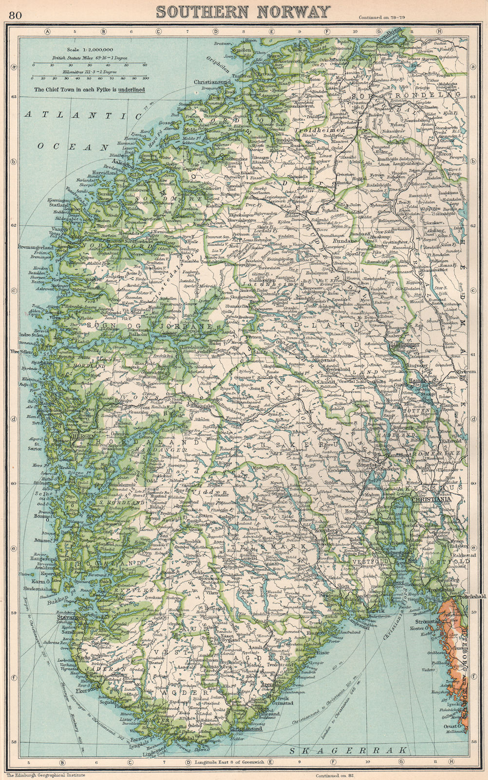 NORWAY. Southern Norway. BARTHOLOMEW 1924 old vintage map plan chart