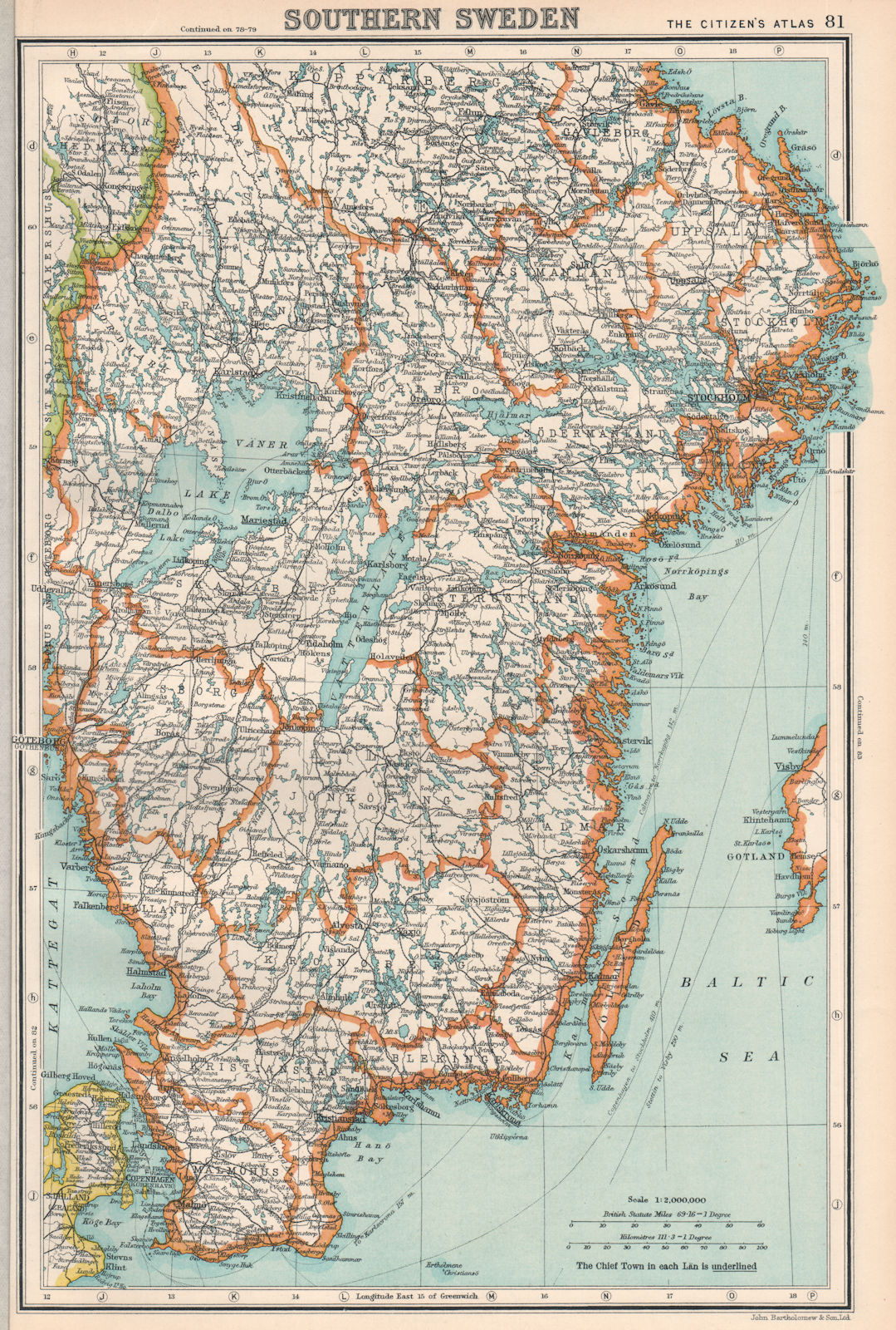 SWEDEN. Southern Sweden. BARTHOLOMEW 1924 old vintage map plan chart