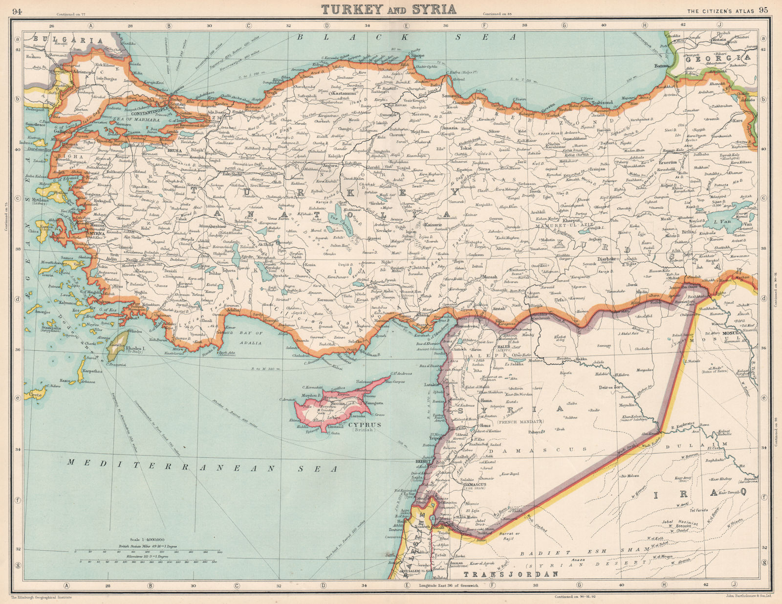 TURKEY/LEVANT. Syria/Lebanon unified. Palestine Iraq Transjordan Cyprus 1924 map