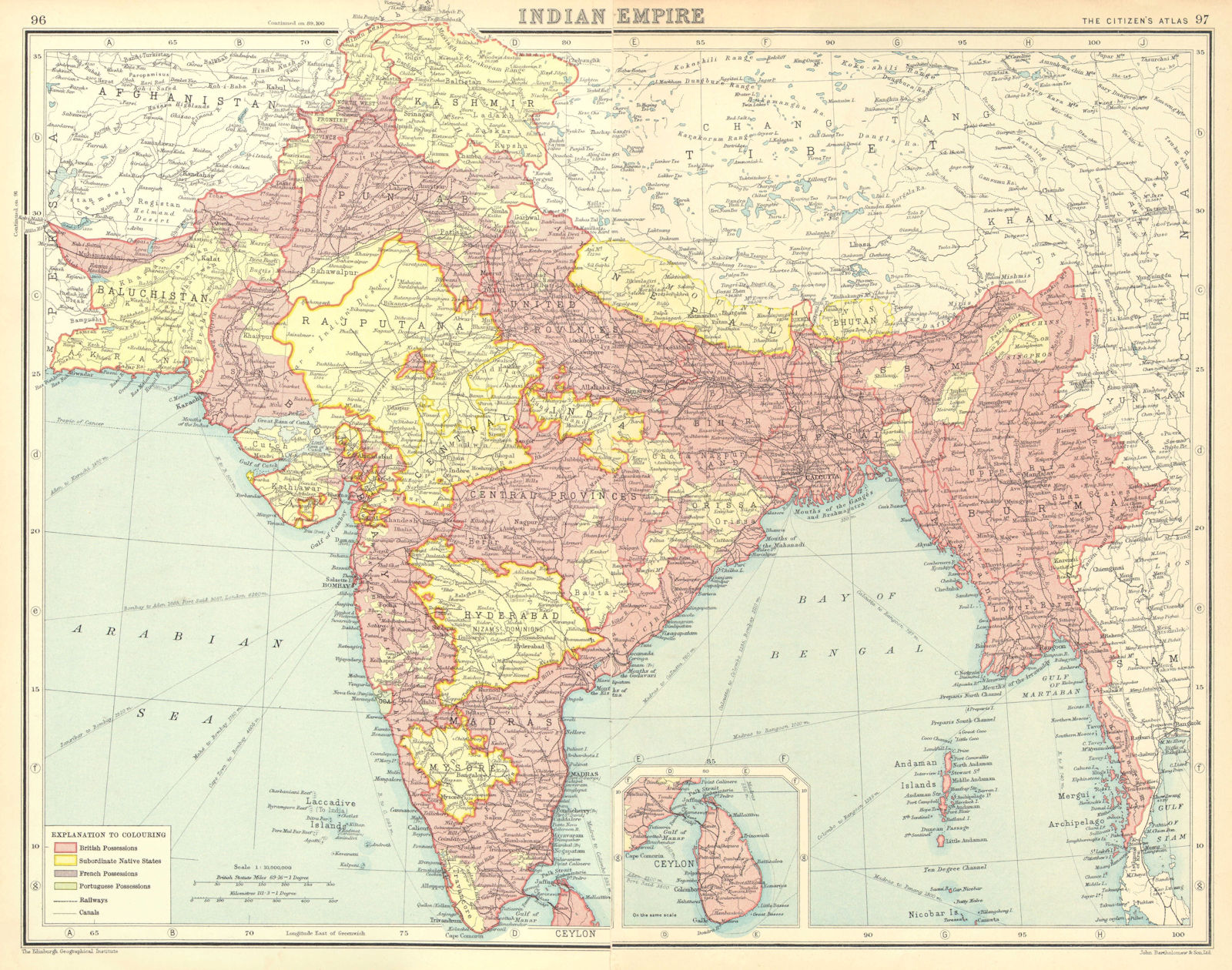 BRITISH INDIA. showing "native States", French & Portuguese possessions 1924 map