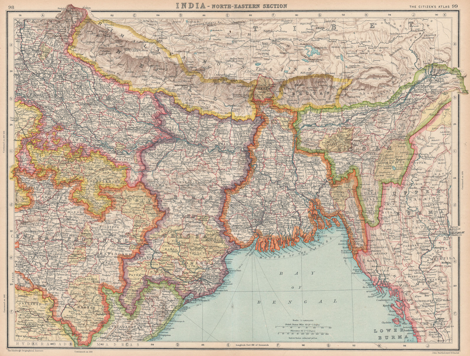 INDIA NORTH-EAST NEPAL & BHUTAN. Bengal Bihar Orissa Assam Sikkim 1924 old map