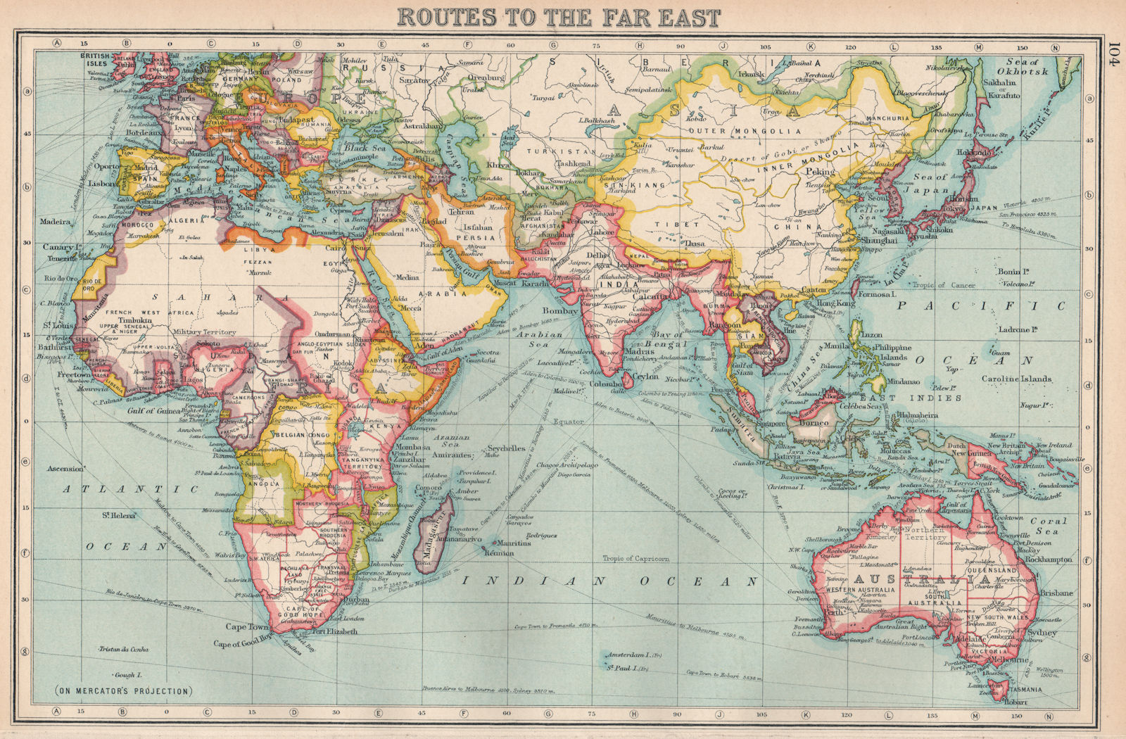 FAR EAST ROUTES. continuous British possessions from N-S of Africa 1924 map
