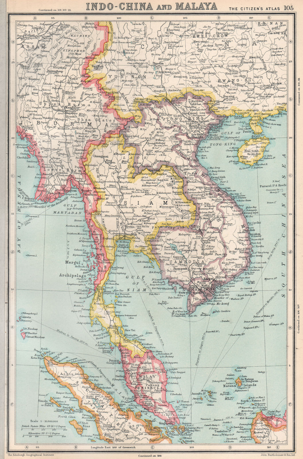 INDOCHINA AND MALAYA. Siam Cambodia Burma Annam Tong-King Laos 1924 old map
