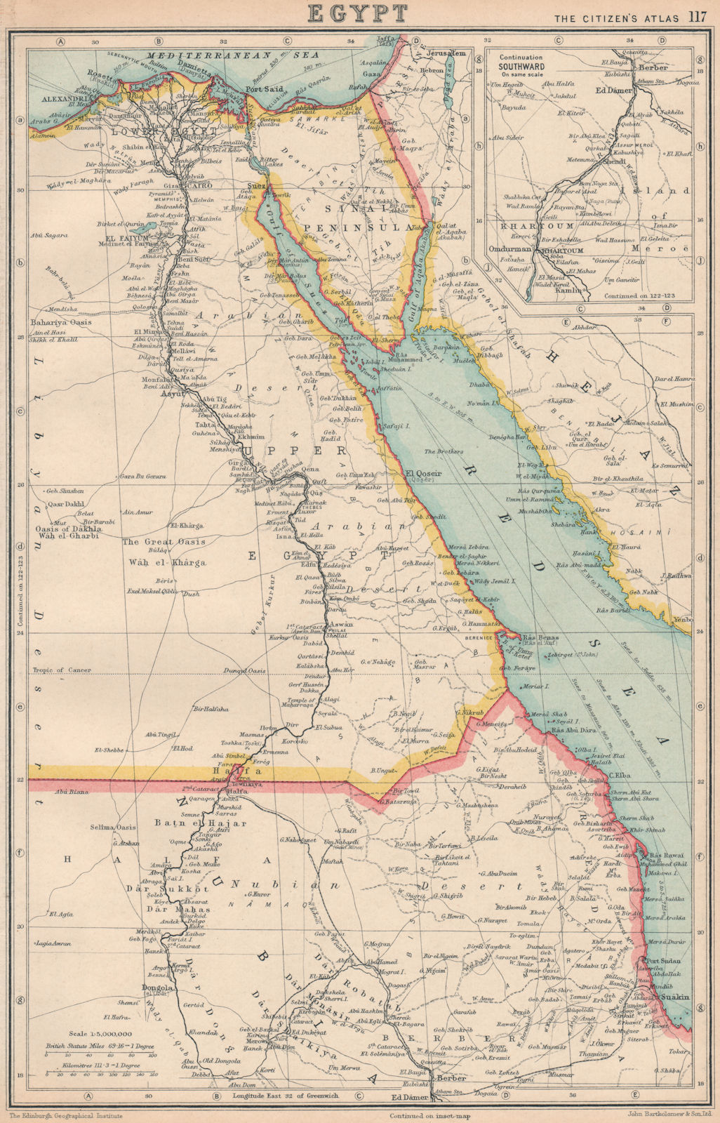 EGYPT. + Nile valley. BARTHOLOMEW 1924 old vintage map plan chart