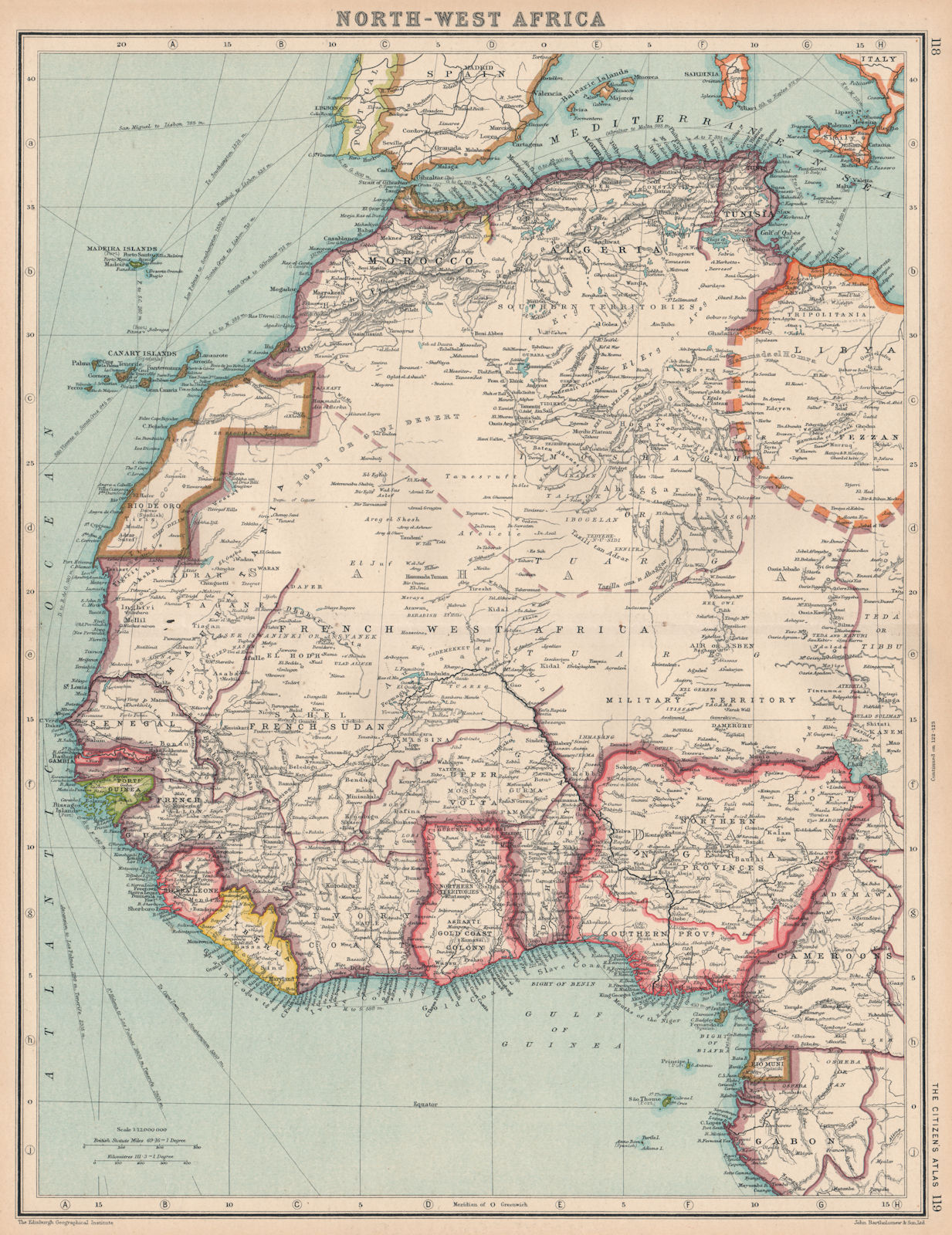 NORTH-WEST AFRICA.Rio de Oro,Rio Muni, Spanish Morocco 1924 old vintage map