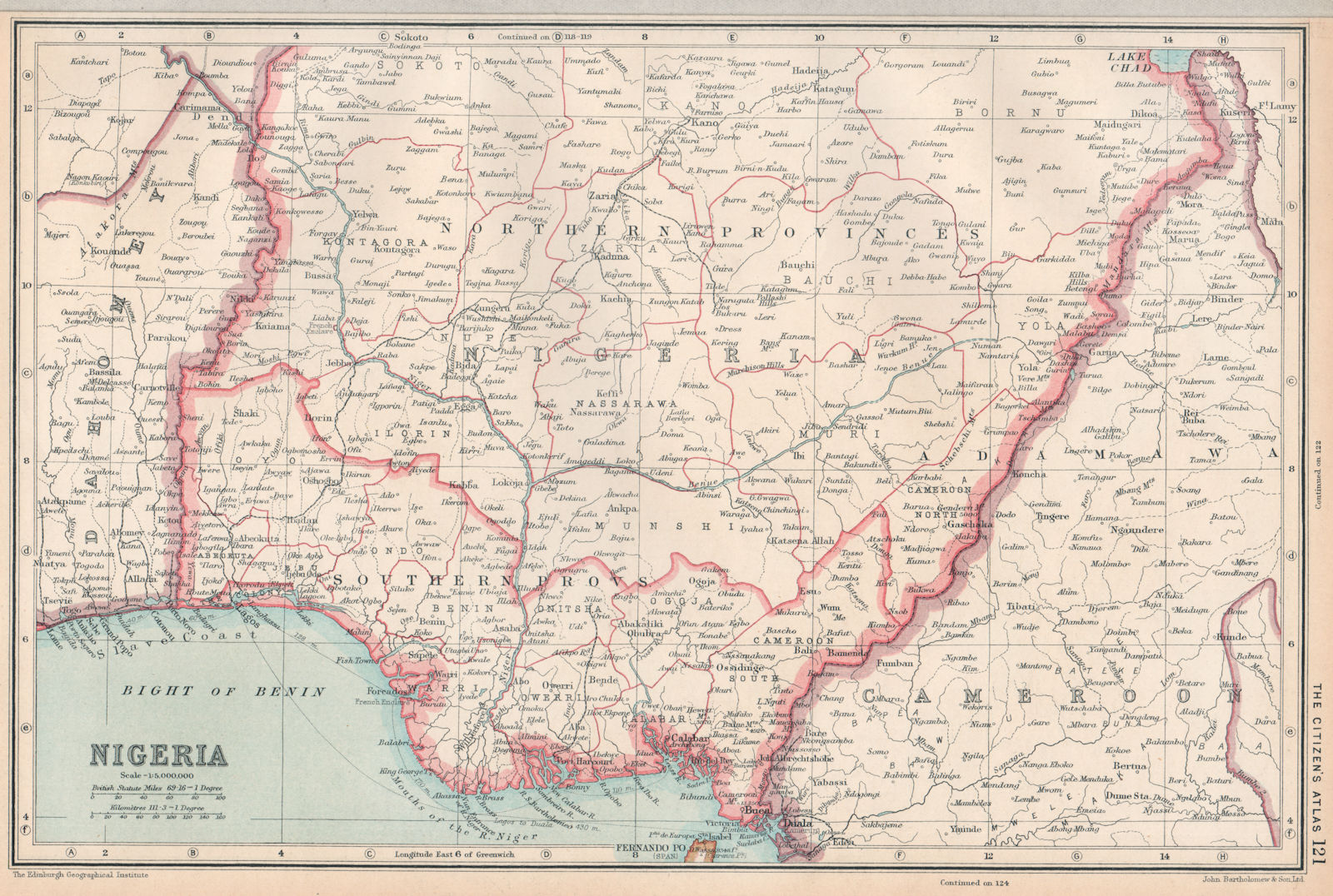 NIGERIA. divided into Northern & Southern provinces. BARTHOLOMEW 1924 old map