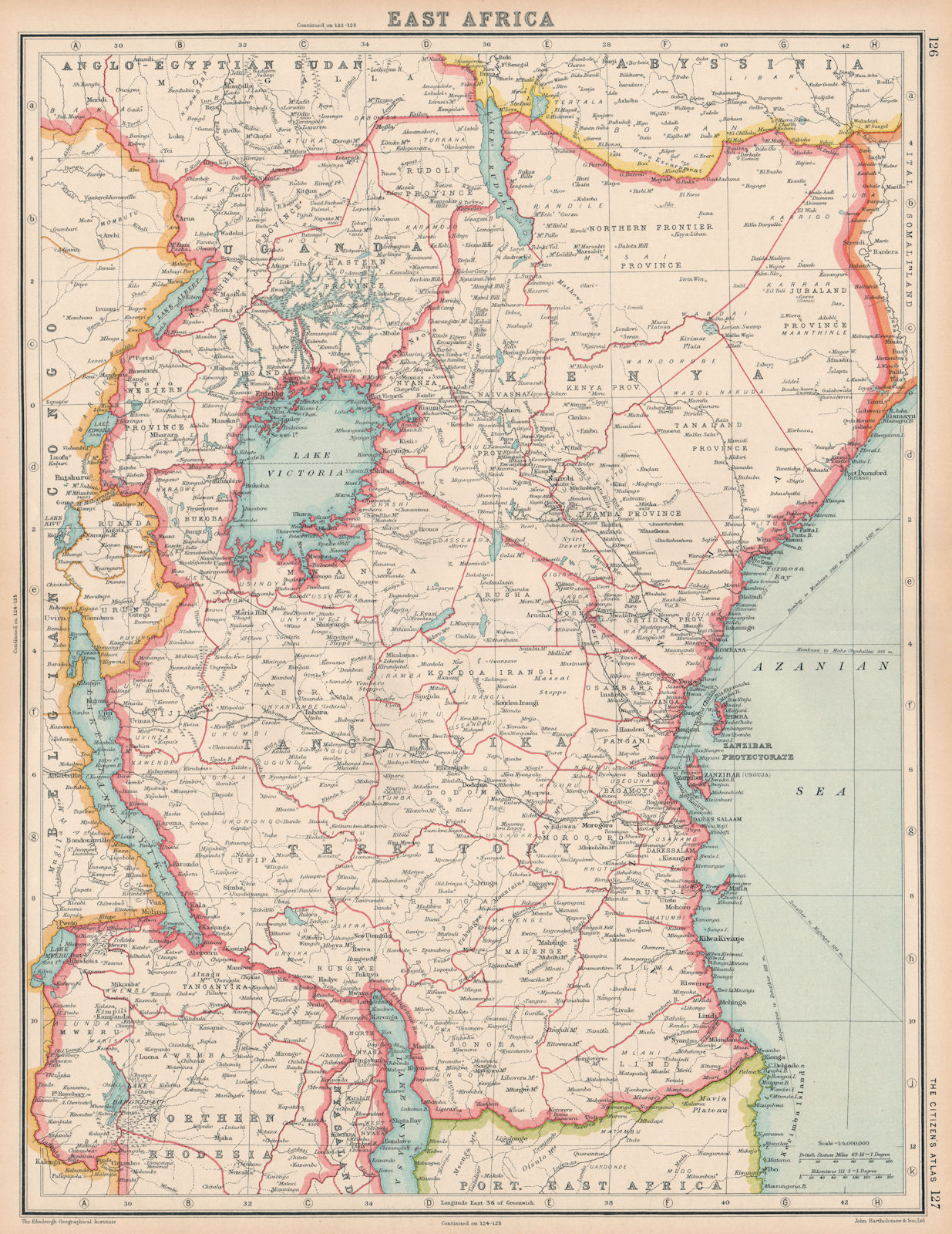 EAST AFRICA. Kenya Uganda Tangyanika Territory & Zanzibar Protectorate 1924 map