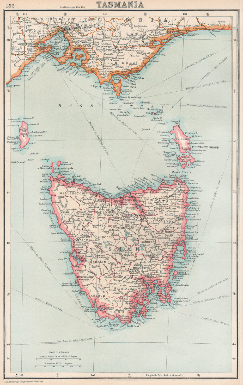 TASMANIA. state map showing counties. Australia. BARTHOLOMEW 1924 old