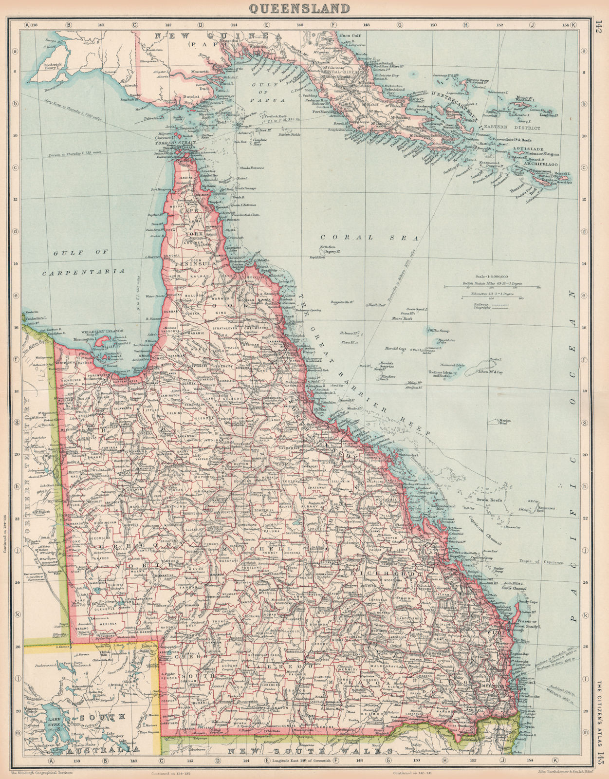 QUEENSLAND. State map showing counties. Australia. BARTHOLOMEW 1924 old