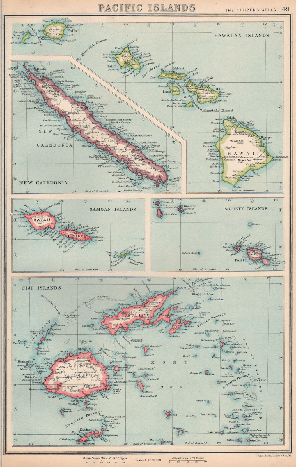 Associate Product PACIFIC ISLANDS. Hawaii Samoa Society Islands Fiji New Caledonia 1924 old map