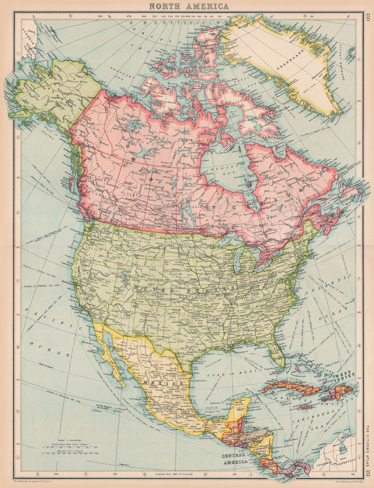 NORTH AMERICA. General map. BARTHOLOMEW 1924 old vintage plan chart