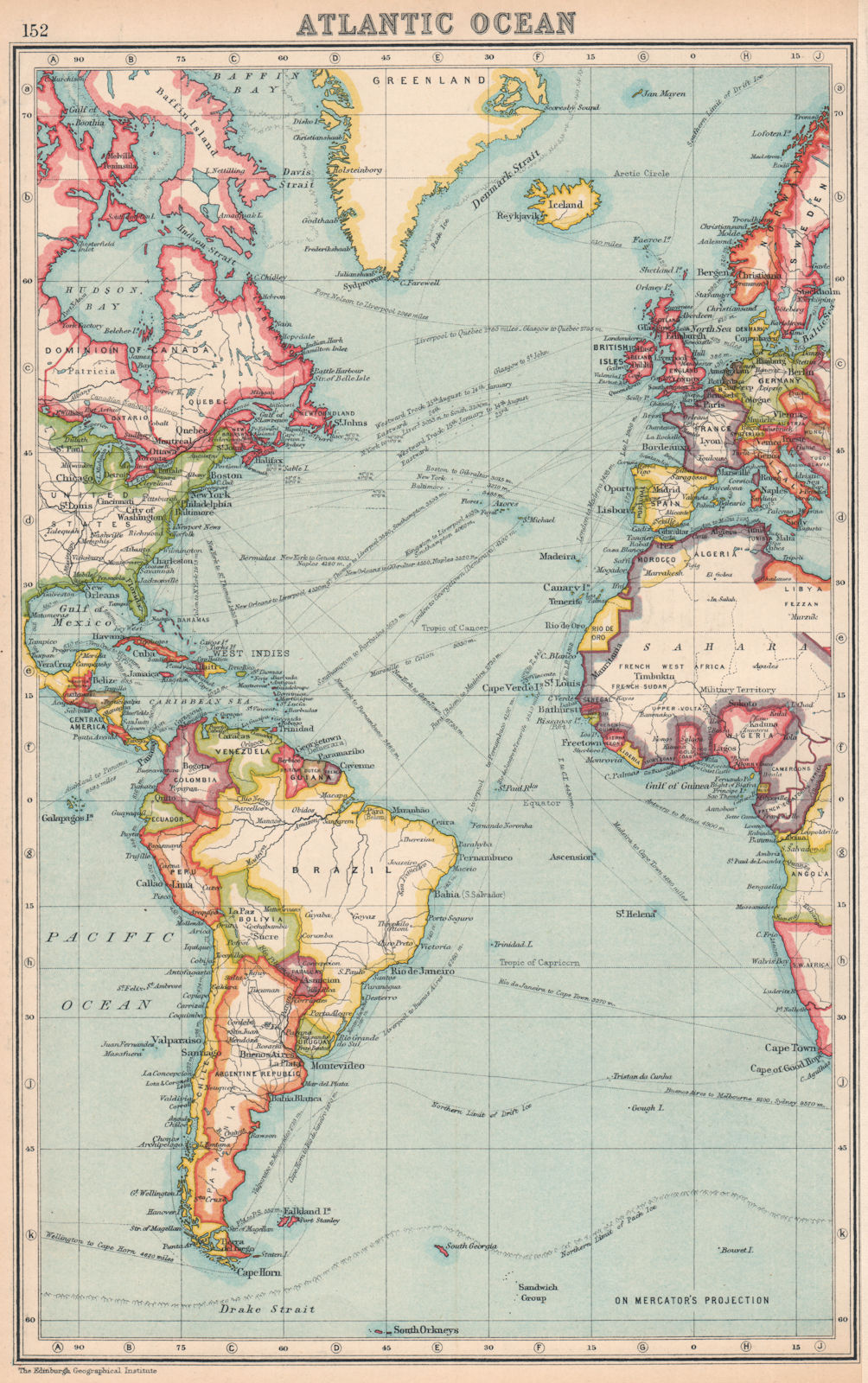 ATLANTIC OCEAN. showing shipping routes by season. BARTHOLOMEW 1924 old map