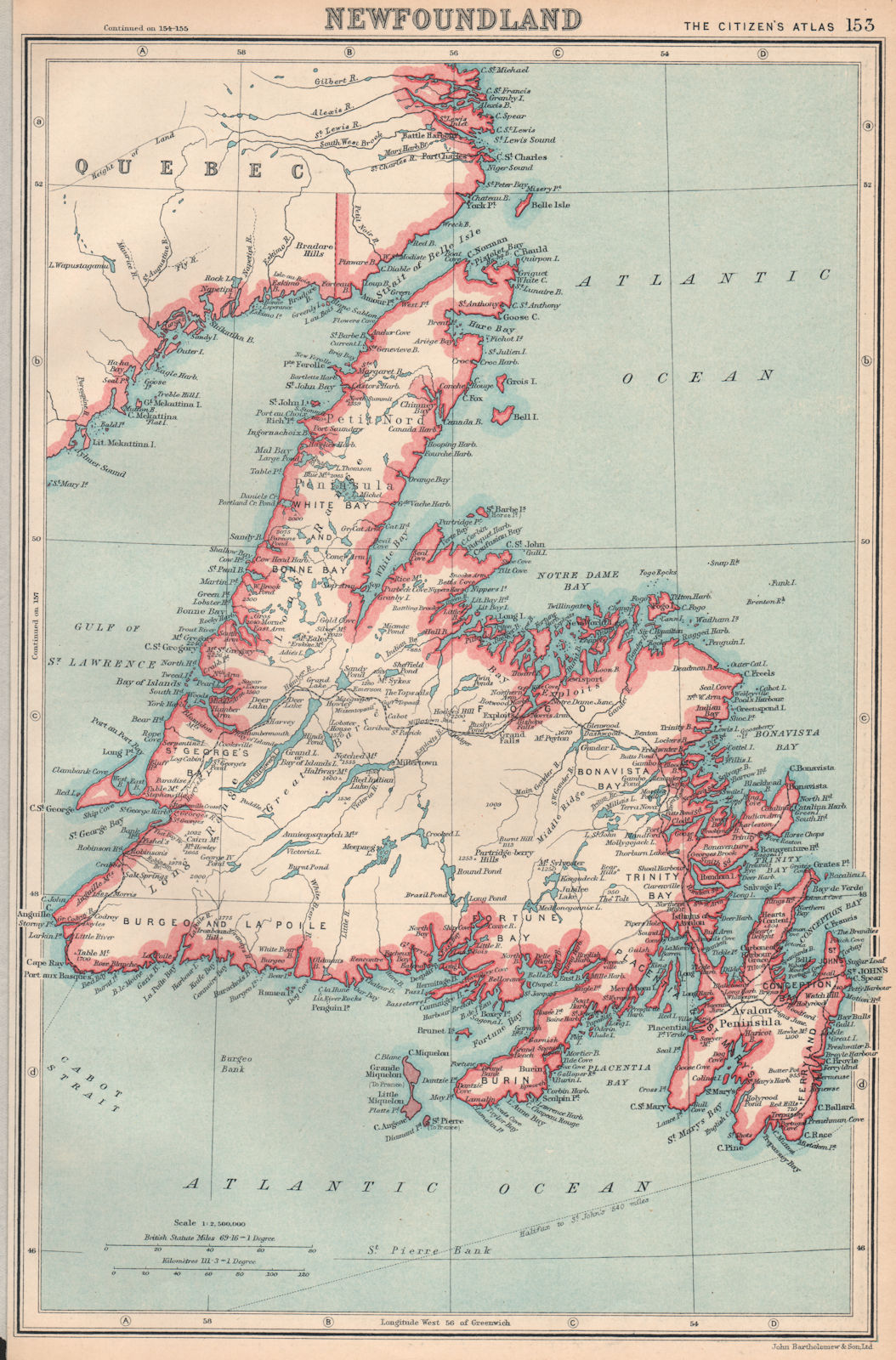 CANADA. Newfoundland. BARTHOLOMEW 1924 old vintage map plan chart